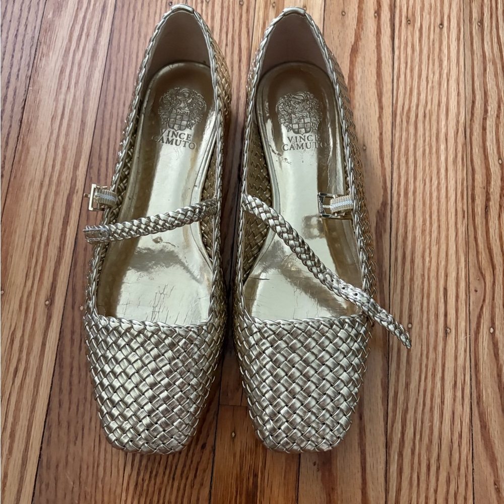 Vince Camuto Gold Woven Flats with Crisscross Straps